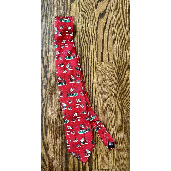 SpecialTies Hallmark Men's Red Santa Golfing Penguins Tie Holiday 100% Silk EUC - Picture 1 of 8